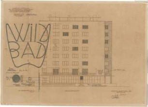 Gsaenger, Gustav; Augsburg (Bayern), Lechhauserstr. / Am Jakobertor ; Laubenhof- Wohnhochhaus - Tekturplan, Westseite (Ansicht); Leuchtreklame (Ansicht)