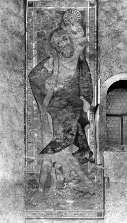Heiliger Christopherus : Heiliger Christopherus. Fresko (1446/1455). Judenburg, ehemals Spitalkirche (Magdalenenkirche), Außenfassade