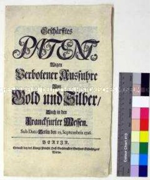 Patent von Friedrich Wilhelm I. König in Preußen mit Ausfuhrverbot für Gold und Silber
