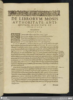 De Librorum Mosis Authoritate, Antiquitate, Dignitate Et Utilitats. Ad auditores Praefatio