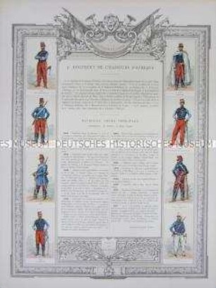 Uniformdarstellung, Rüstungen und Uniformen von Soldaten des 4. Afrikanischen Jäger-Regiments zu Pferde und Zeittafel von Schlachten und Belagerungen mit Beteiligung dieses Regiments, Frankreich, 1840-1893.