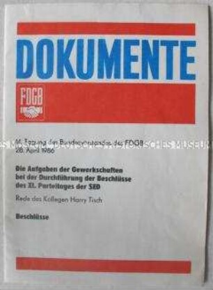 Broschüre mit Dokumenten der 14. Tagung des FDGB-Bundesvorstandes 1986