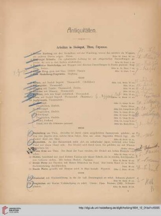 Arbeiten in Steingut, Thon, Fayence (Nr. 1-28)