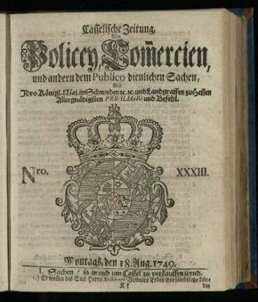 Nro. XXXIII, Montags, den 18. Aug. 1749