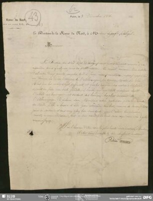 Eigenh. Brief auf Vordruck von Pellion (Hrsg. der Revue du Nord, Paris) an August Wilhelm von Schlegel, Paris, 08.12.1836