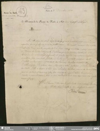 Eigenh. Brief auf Vordruck von Pellion (Hrsg. der Revue du Nord, Paris) an August Wilhelm von Schlegel, Paris, 08.12.1836