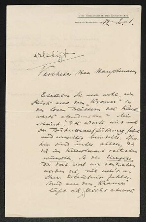 Brief von Ferdinand Avenarius von Der Kunstwart  an Gerhart Hauptmann