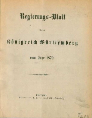 1879: Regierungsblatt für das Königreich Württemberg