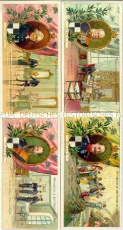 Komplette Serie Sammel-Karten mit Motiven aus der Geschichte der Hohenzollern und rückseitiger "Sarotti"-Werbung (6 Stück) - Sachkonvolut