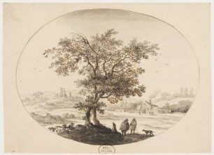 Landschaft mit zwei Bäumen und Wanderern