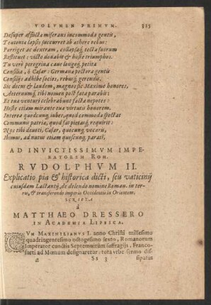 Ad Invictissimum Imperatorem Rom. Rudolphum II. ... Scripta a Matthaeo Dressero...