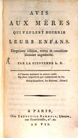 Avis aux mères qui veulent nourrir leurs Enfans