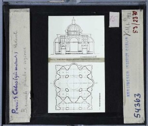 Rom, SS. Celso e Giuliano : Rekonstruktion d. abgebrochenen Baus von Bramante, Grundriss, Schnitt