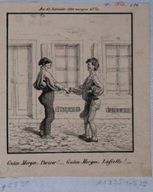 Reihe von vier Karikaturen auf die Bürgerunruhen in Dresden 1830: Blatt 4: Am 10. September 1830 6 Uhr Morgens: Guten Morgen, pariser! - Guten Morgen, Lafiette!