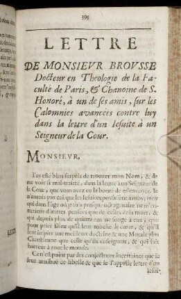 Lettre De Monsieur Brousse Docteur en Theologie de la Faculté de Paris