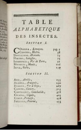 Table Alphabetique Des Insectes.