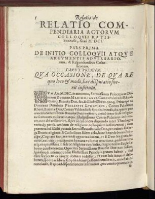 Pars Prima. De Initio Colloquii Atque Argumentis Adversariorum, & Responsionibus Catholicorum.