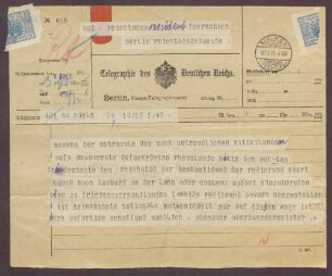 Telegramm von Konrad Adenauer, Oberbürgermeister von Köln, an Constantin Fehrenbach, Einberufung des Reichstages nach Limburg/Lahn oder Koblenz und Anerkennung der Regierung Ebert/Haase