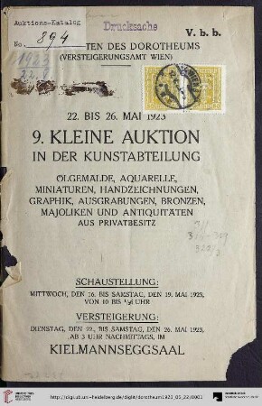 Ölgemälde, Aquarelle, Miniaturen, Handzeichnungen, Graphik, Ausgrabungen, Bronzen, Majoliken und Antiquitäten aus Privatbesitz : Versteigerung: Dienstag, den 22., bis Samstag, den 26. Mai 1923 (Katalog Nr. 9)