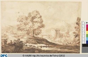 Italienische Gebirgslandschaft mit Hirten und gr. Baumgruppe auf Hügel