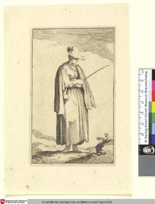 [A young Peasant Woman; Eine junge Bäuerin mit einem Stock in der Hand in Hut und Mantel]
