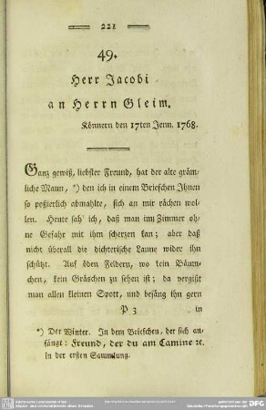 49. Herr Jacobi an Herrn Gleim. Könnern den 17ten Jenn. 1768