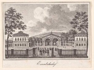 Die Kopfbauten des ersten Leipziger Bahnhofes an der Leipziger Straße in Dresden-Neustadt (1839 eingeweiht) vom Vorplatz nach Norden