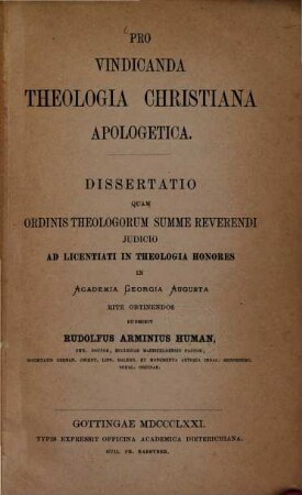 Pro vindicanda theologia christiana apologetica : Diss. inaug.