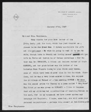 Brief von Thomas Barclay an Margarete Hauptmann