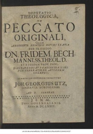 Disputatio Theologica, De Peccato Originali