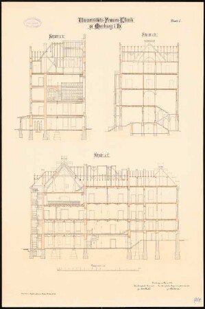 Frauenklinik der Philipps-Universität Marburg: Längsschnitt, Querschnitte 1:100