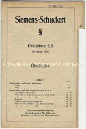 Preisliste S 3 über Ölschalter