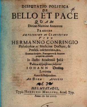 Disputatio Politica De Bello Et Pace