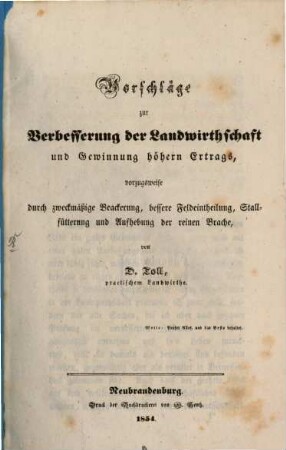 Verschläge zur Verbesserung der Landwirthschaft u. Gewinnung höhern Ertrags