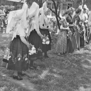 Sorbische Hochzeit in Burg-Kauper. Der Hochzeitsbitter ,,Pobratš" verabschiedet nach altem Brauch das Hochzeitspaar. : Serbski kwas w Kupaŕskich Bórkowach. Braška,, Pobratš "rozžohnuje po starym nałožku kwasny por.