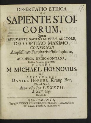 Dissertatio Ethica, De Sapiente Stoicorum