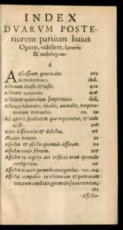 Index Duarum Posteriorum partium huius Operis ...