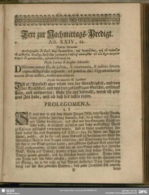 Text zur Nachmittags-Predigt. Act. XXIV, 25