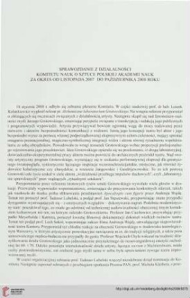 Sprawozdanie z działalności Komitetu Nauk o Sztuce Polskiej Akademii Nauk za okres od listopada 2007 do października 2008 roku