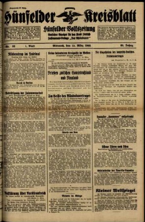 Erste Ausgabe vom Mittwoch, den 13. März 1940.