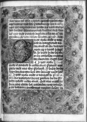 Textseite mit Initiale und Schmuckleiste : Textseite mit Initiale und Schmuckleiste, fol. 83r. Aus: Horarium. Pergament, Wasserfarben, Blattgold; 175 x 130 mm. Niederländisch, um 1500. Dresden: SLUB Mscr.Dresd.M.220