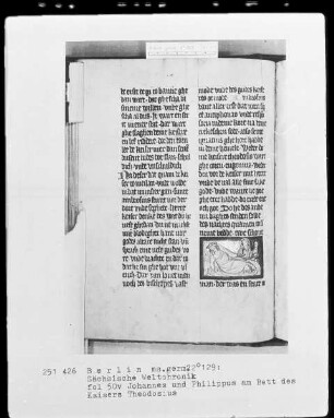 Sächsische Weltchronik (bis zum Jahre 1229) — Johannes und Philippus am Bett des Kaisers Theodosius, Folio 50verso
