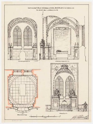 Dom, Lübeck Gefallenen-Gedenkkapelle: Grundriss 1:50; Aufriss der Ansicht aus dem Kircheninnern 1:50; Längsschnitt 1:50; Querschnitt 1:50