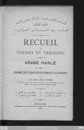 Recueil de thèmes et versions : arabe parlé ; idiome des trois départements algériens