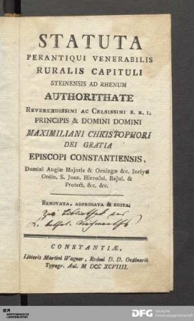 Statuta Perantiqui Venerabilis Ruralis Capituli Steinensis Ad Rhenum