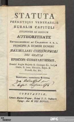 Statuta Perantiqui Venerabilis Ruralis Capituli Steinensis Ad Rhenum