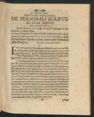 Disputatio Theologica, De Personali Scripturae Sacrae Obiecto.