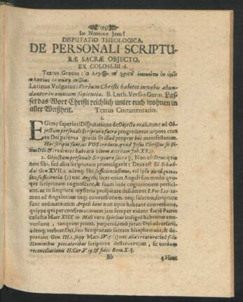 Disputatio Theologica, De Personali Scripturae Sacrae Obiecto.