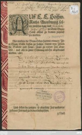 Auff E. E. Hochw. Raths Anordnung sollen zwischen dato und in jedem Brau-Hause allhier zu brauen zugelassen werden ... : [Signatum Leipzig am Anno 16]