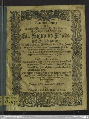 Glaubensubung des ... Sigmund Friederich Sultzbergers ... erkläret